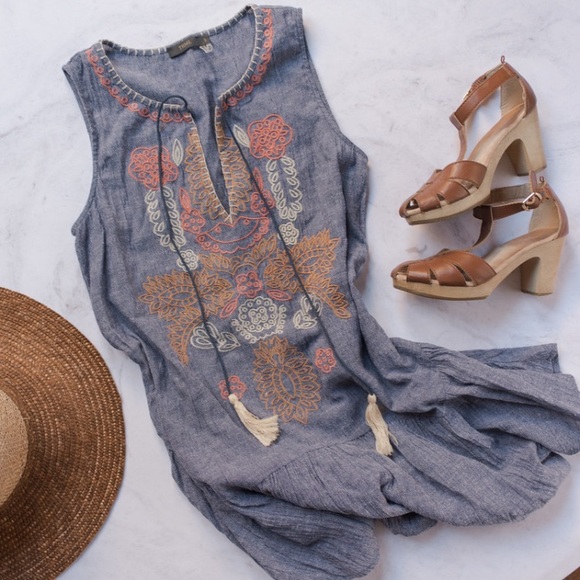 THML Dresses & Skirts - Chambray Asymmetrical Drop Waist Linen Dress SizeS